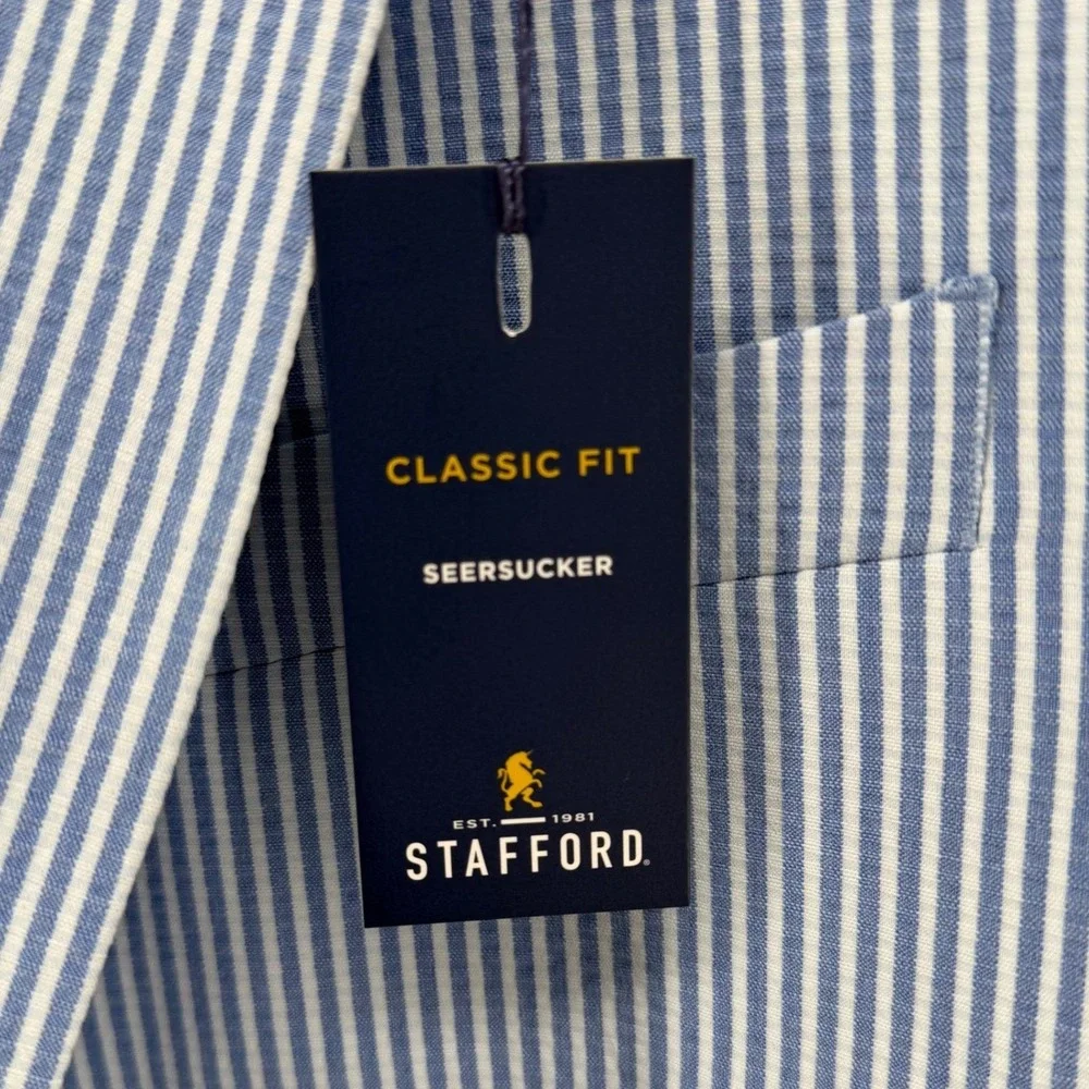 Stafford Sport Coat Mens 46R Blue Seersucker Stripe Classic Fit Stretch Blazer